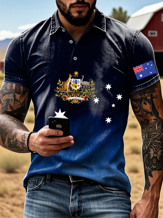 Vintage Australian Flag Badge Gradient Printed Casual Cotton Short Sleeve Polo Shirt
