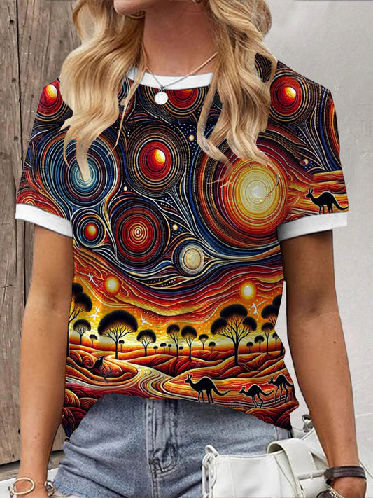 Women's Retro Australian Desert Pointillism Art Print Casual Cotton Short Sleeve T-Shirt