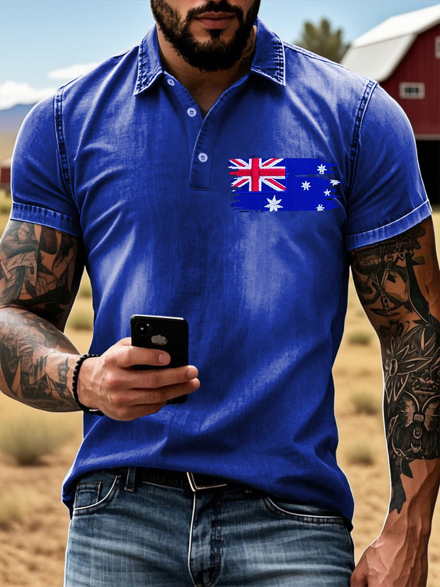 Vintage Australian Flag Badge Printed Casual Cotton Short Sleeve Polo Shirt
