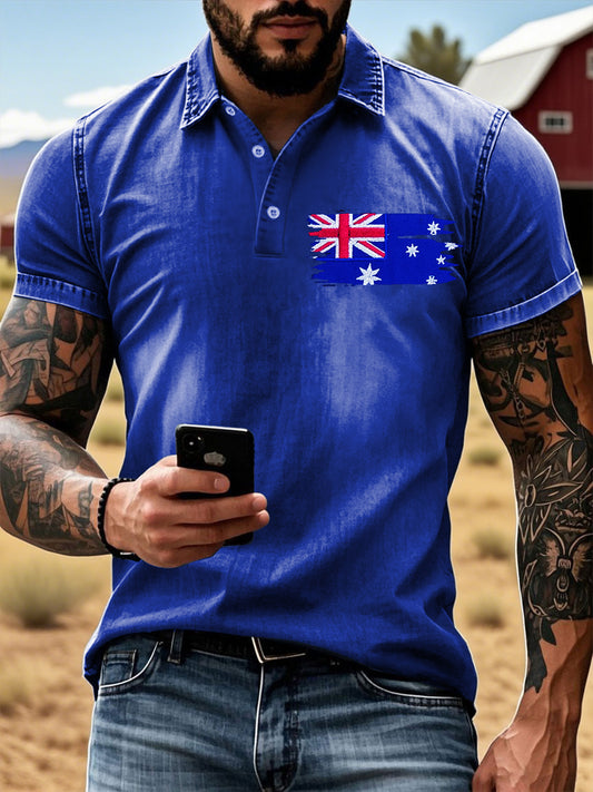 Vintage Australian Flag Badge Printed Casual Cotton Short Sleeve Polo Shirt