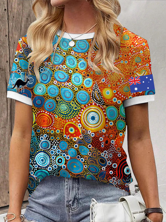 Women's Retro Australian Desert Pointillism Art Print Casual Cotton Short Sleeve T-Shirt