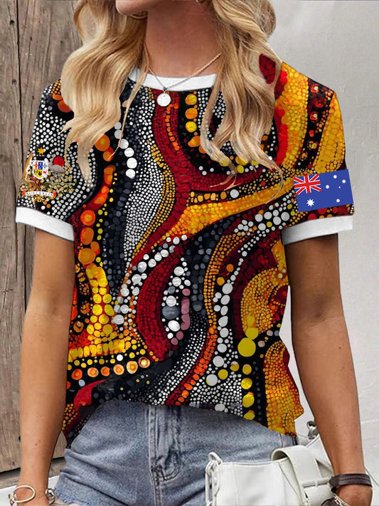 Women's Retro Australian Desert Pointillism Art Print Casual Cotton Short Sleeve T-Shirt