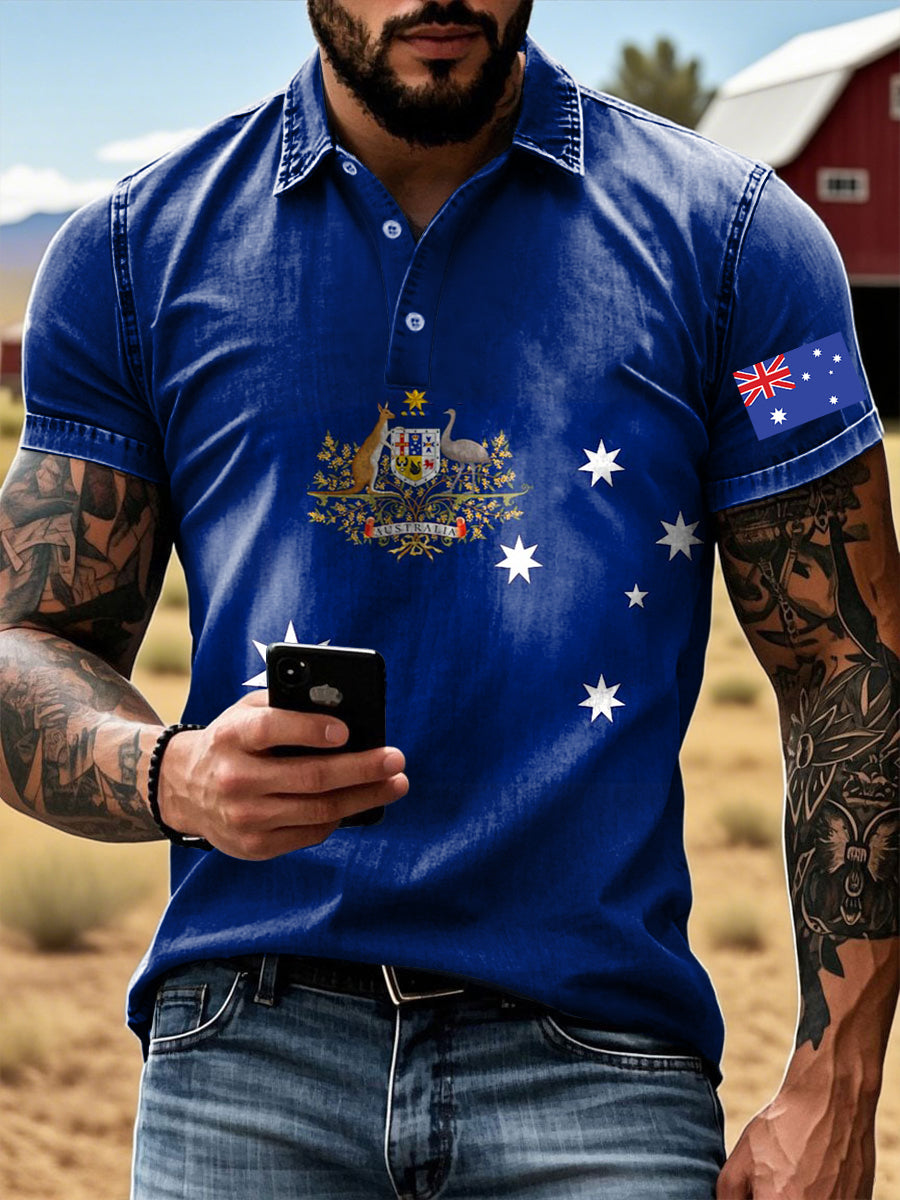 Vintage Australian Flag Badge Printed Casual Cotton Short Sleeve Polo Shirt