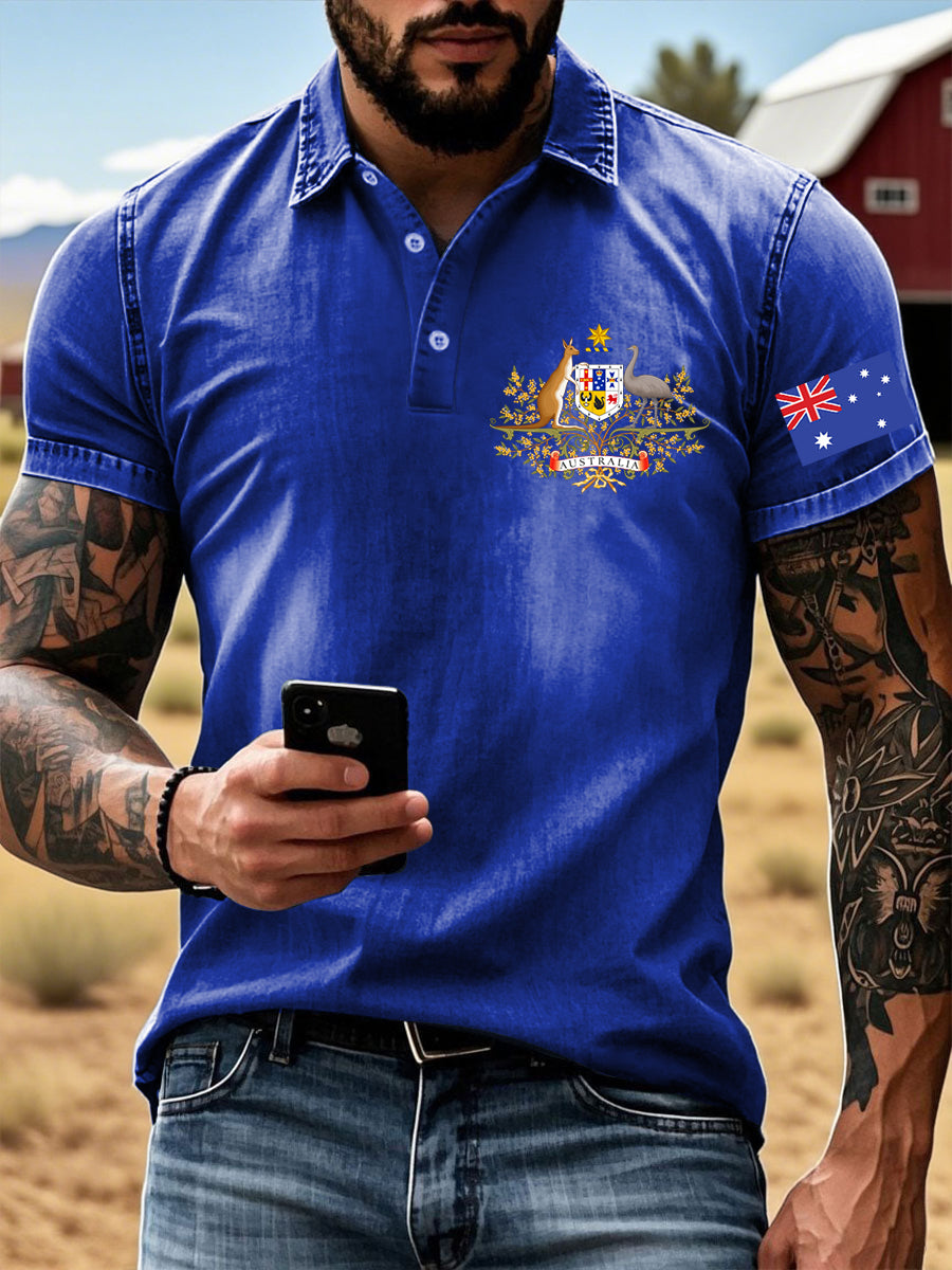 Vintage Australian Flag Badge Printed Casual Cotton Short Sleeve Polo Shirt