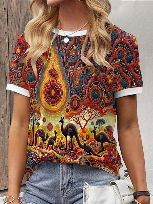 Women's Retro Australian Desert Pointillism Art Print Casual Cotton Short Sleeve T-Shirt