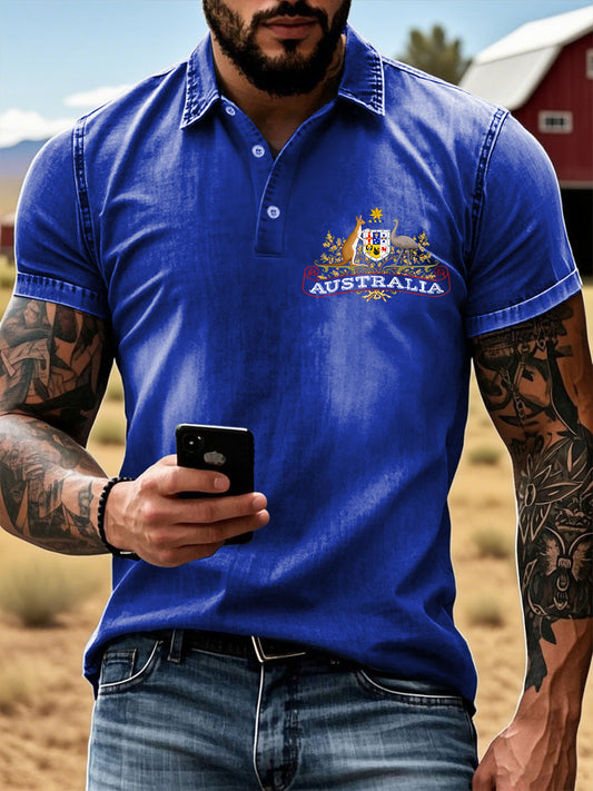 Vintage Australian Flag Badge Printed Casual Cotton Short Sleeve Polo Shirt