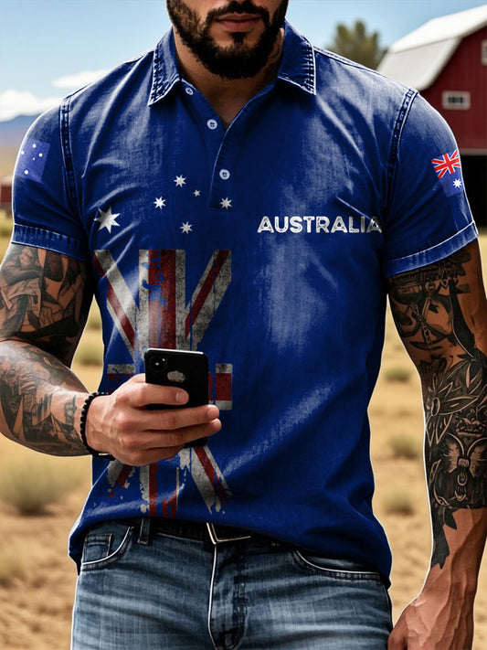 Vintage Australian Flag Badge Printed Casual Cotton Short Sleeve Polo Shirt