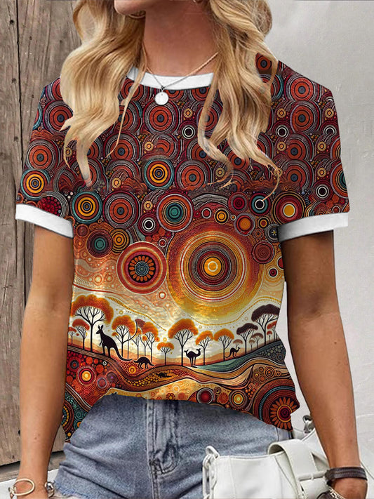 Women's Retro Australian Desert Pointillism Art Print Casual Cotton Short Sleeve T-Shirt
