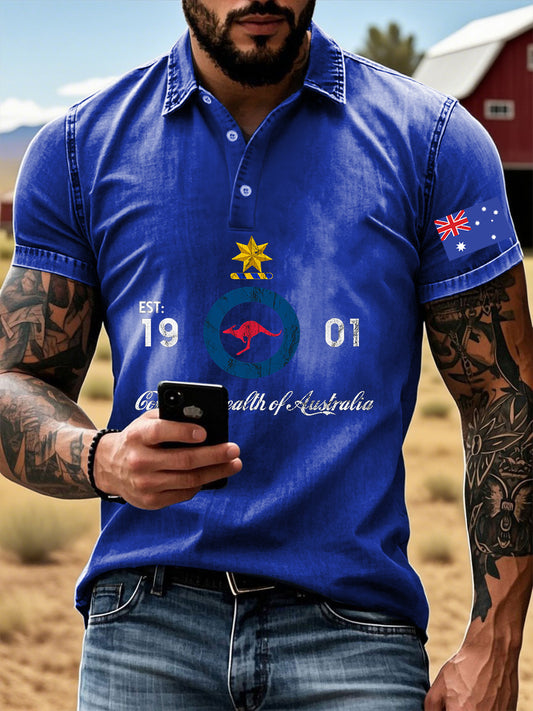 Vintage Australian Flag Badge Printed Casual Cotton Short Sleeve Polo Shirt