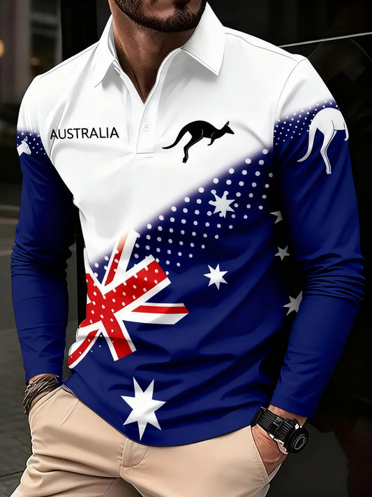 Retro Australian Flag Emblem Long-Sleeve Polo Shirt
