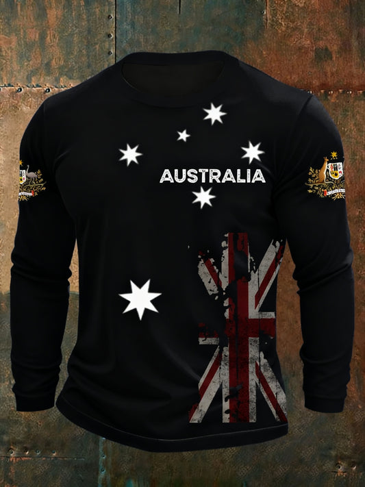 Retro Australian Flag Emblem Crew Neck Long Sleeve T-Shirt