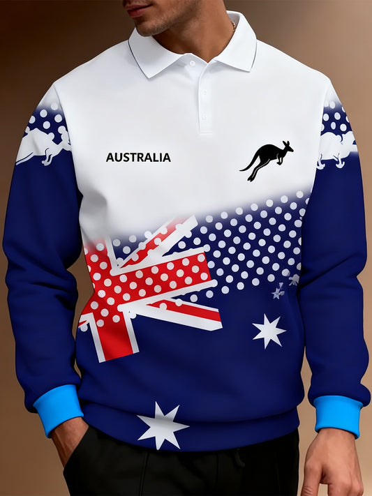 Retro Australian Flag Emblem Long-Sleeve Polo Shirt