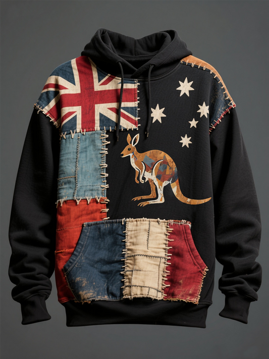 Men's Australian kangaroo patchwork print Oversized Drop-Shoulder Hoodie with Pockets