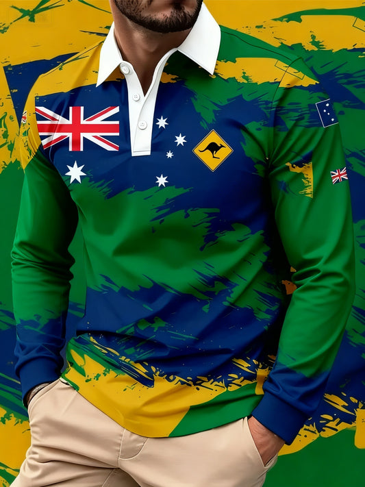 Retro Australian Flag Emblem Long-Sleeve Polo Shirt