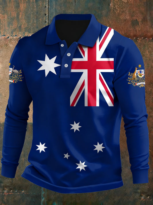 Retro Australian Flag Emblem Long-Sleeve Polo Shirt