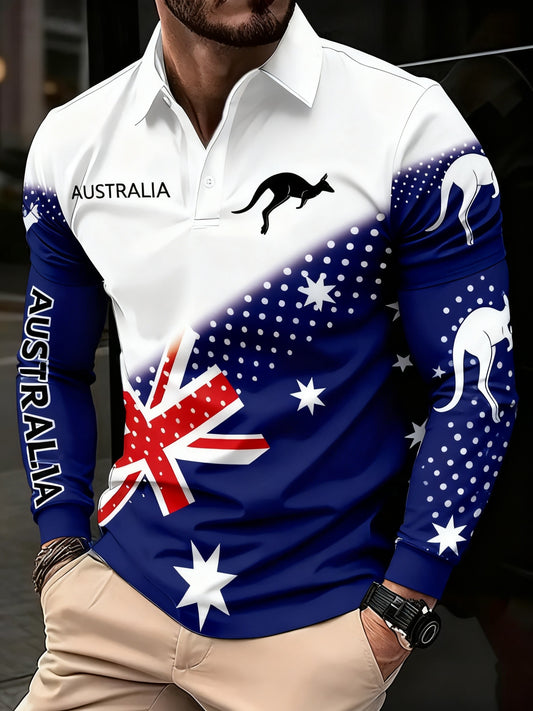 Retro Australian Flag Emblem Long-Sleeve Polo Shirt