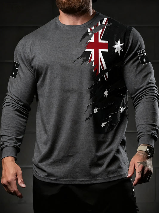 Retro Australian Flag Emblem Crew Neck Long Sleeve T-Shirt