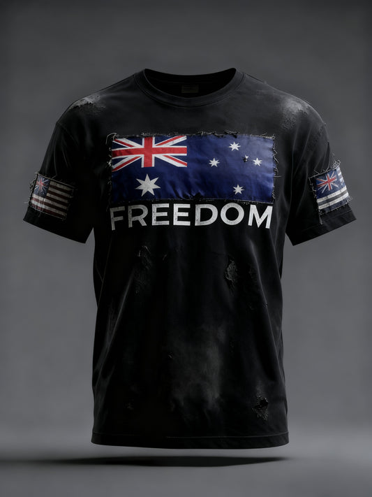 Vintage Australian Flag Badge Freedom Print Casual Cotton Short Sleeve T-Shirt