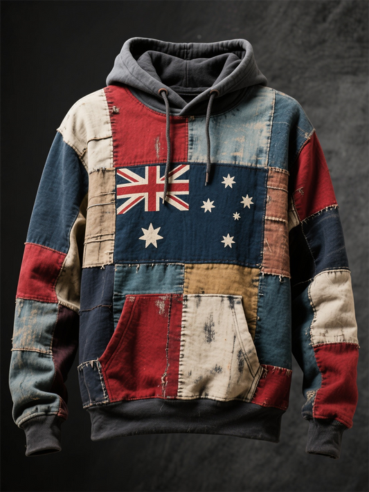 Men's Australian Patchwork Printed Oversized Drop-Shoulder Hoodie with Pockets