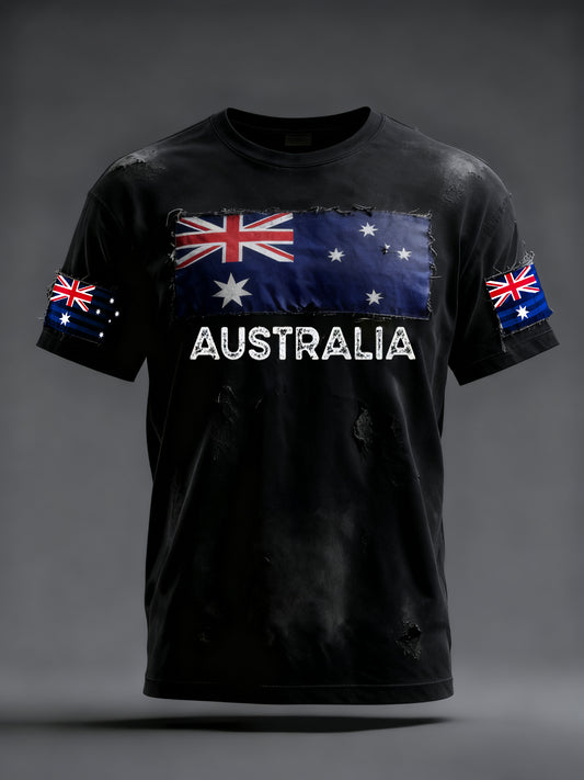 Vintage Australian Flag Badge Freedom Print Casual Cotton Short Sleeve T-Shirt