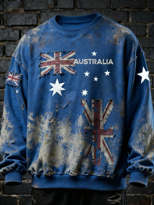 Vintage Australian Flag Badge Print Casual Long Sleeve Crew Neck Sweatshirt