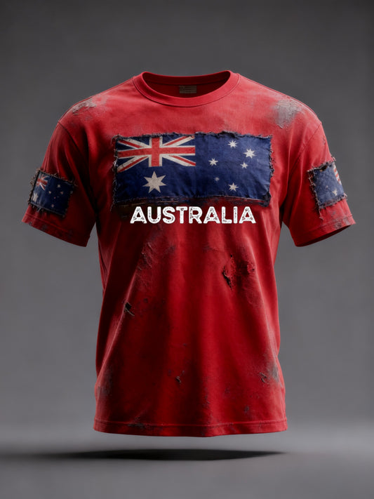 Vintage Australian Flag Badge Patchwork Print Casual Cotton Short Sleeve T-Shirt