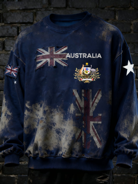 Vintage Australian Flag Badge Print Casual Long Sleeve Crew Neck Sweatshirt