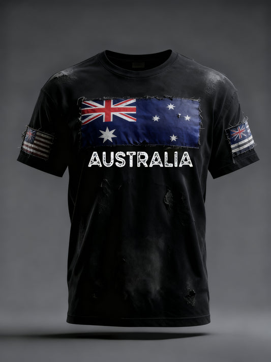 Vintage Australian Flag Badge Freedom Print Casual Cotton Short Sleeve T-Shirt