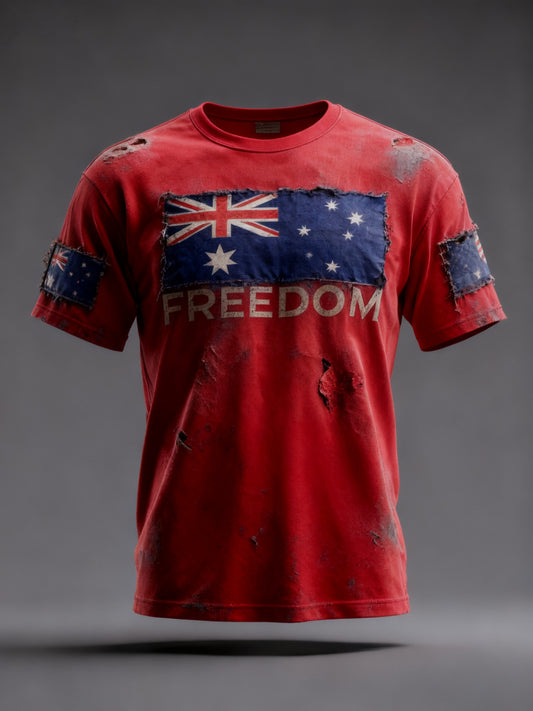 Vintage Australian Flag Badge Distressed  Print Casual Cotton Short Sleeve T-Shirt