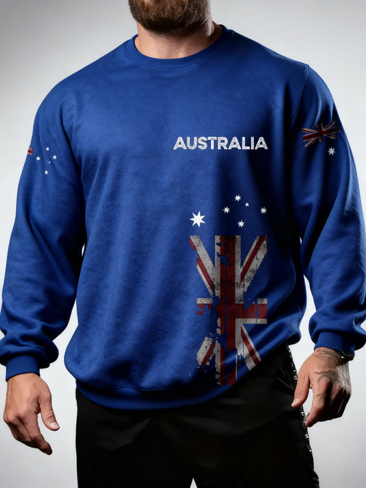 Vintage Australian Flag Badge Print Casual Long Sleeve Crew Neck Sweatshirt
