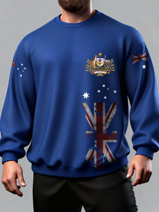 Vintage Australian Flag Badge Print Casual Long Sleeve Crew Neck Sweatshirt