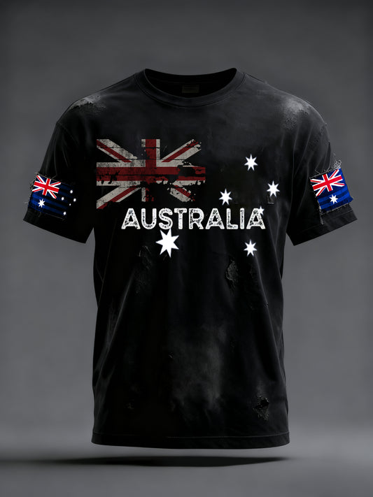 Vintage Australian Flag Badge Freedom Print Casual Cotton Short Sleeve T-Shirt