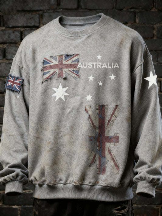 Vintage Australian Flag Badge Print Casual Long Sleeve Crew Neck Sweatshirt