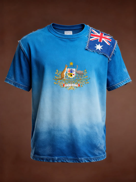 Retro Australian Flag Patch Patchwork Print Casual Cotton Short Sleeve T-Shirt