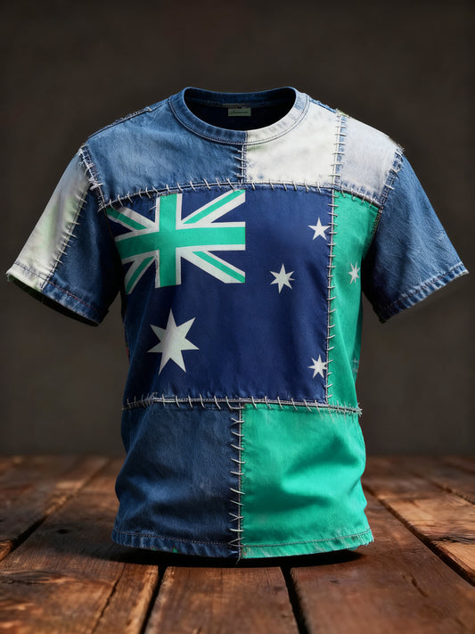 Retro Australian Flag Patch Patchwork Print Casual Cotton Short Sleeve T-Shirt