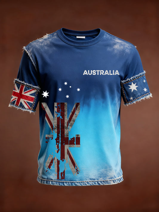 Retro Australian Flag Patch Patchwork Print Casual Cotton Short Sleeve T-Shirt