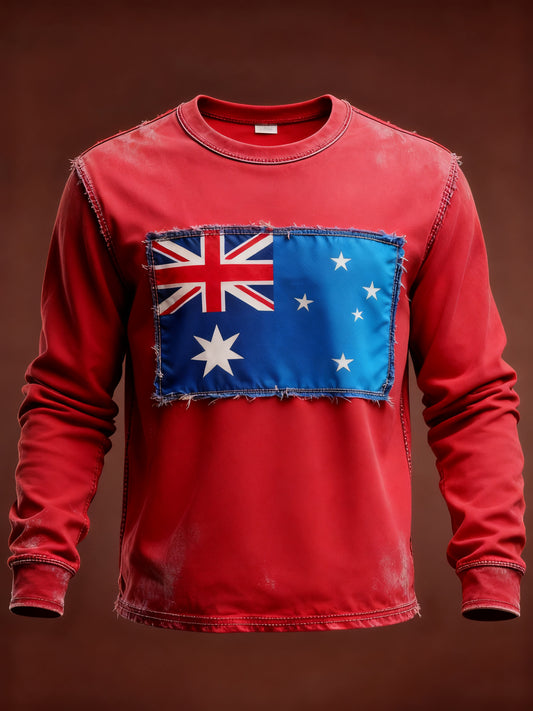 Retro Australian Flag Patch Patchwork Print Casual Cotton Long Sleeve T-Shirt
