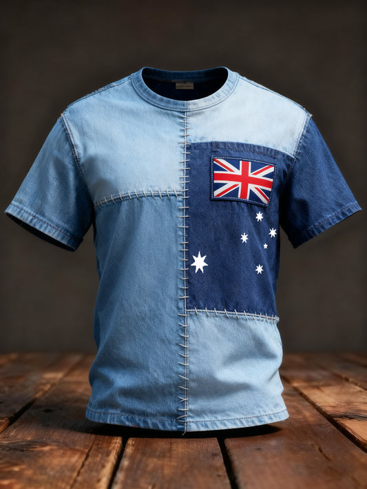 Retro Australian Flag Patch Patchwork Print Casual Cotton Short Sleeve T-Shirt