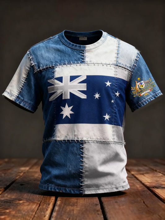 Retro Australian Flag Patch Patchwork Print Casual Cotton Short Sleeve T-Shirt