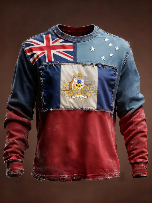Retro Australian Flag Patch Patchwork Print Casual Cotton Long Sleeve T-Shirt