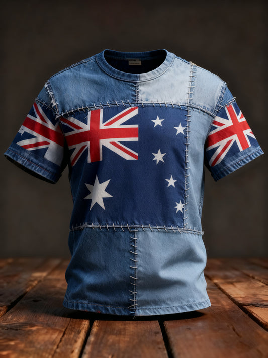 Retro Australian Flag Patch Patchwork Print Casual Cotton Short Sleeve T-Shirt
