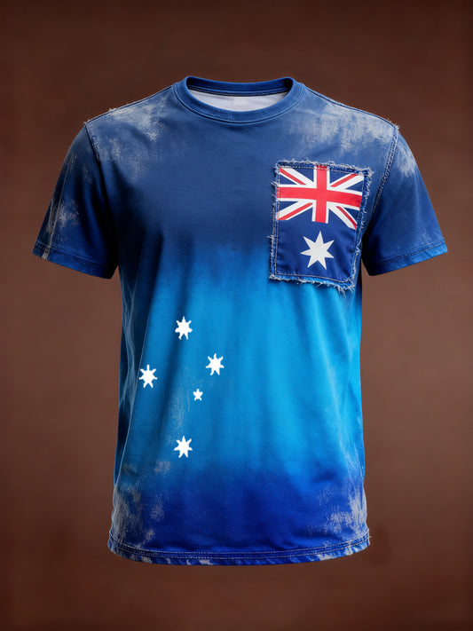 Retro Australian Flag Patch Patchwork Print Casual Cotton Short Sleeve T-Shirt