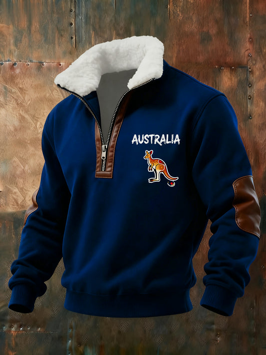Retro Australian Kangaroo Print Baggy Zip-up Sweatshirt