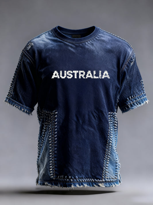 Vintage Australian Print Casual Patchwork Distressed Short Sleeve T-Shirt