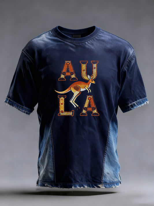 Vintage Australian Dot Art Kangaroo Print Casual Patchwork Distressed Short Sleeve T-Shirt