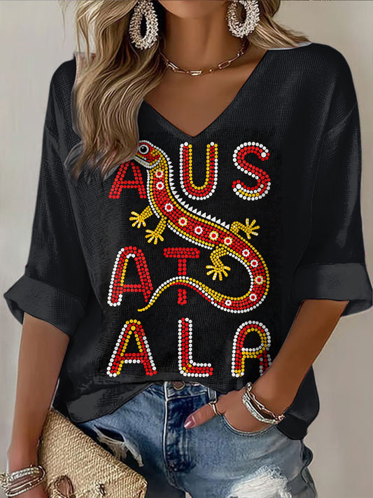 Retro Australian Pointillist Animal Art Print Casual Cotton Waffle Long Sleeve T-Shirt