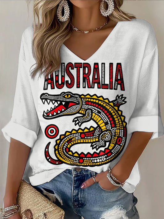 Retro Australian Pointillist Animal Art Print Casual Cotton Waffle Long Sleeve T-Shirt