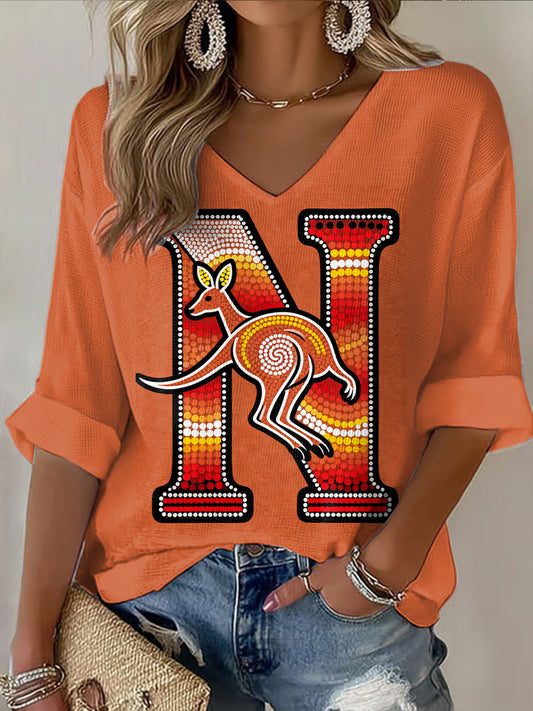 Retro Australian Dot Art Kangaroo Print Casual Cotton Waffle Long Sleeve T-Shirt