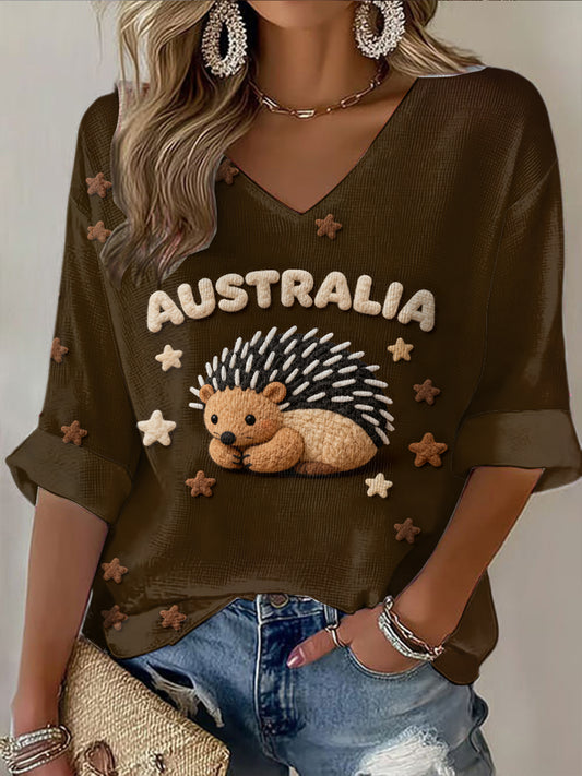Retro Australian Felt Animals Print Casual Cotton Waffle Long Sleeve T-Shirt