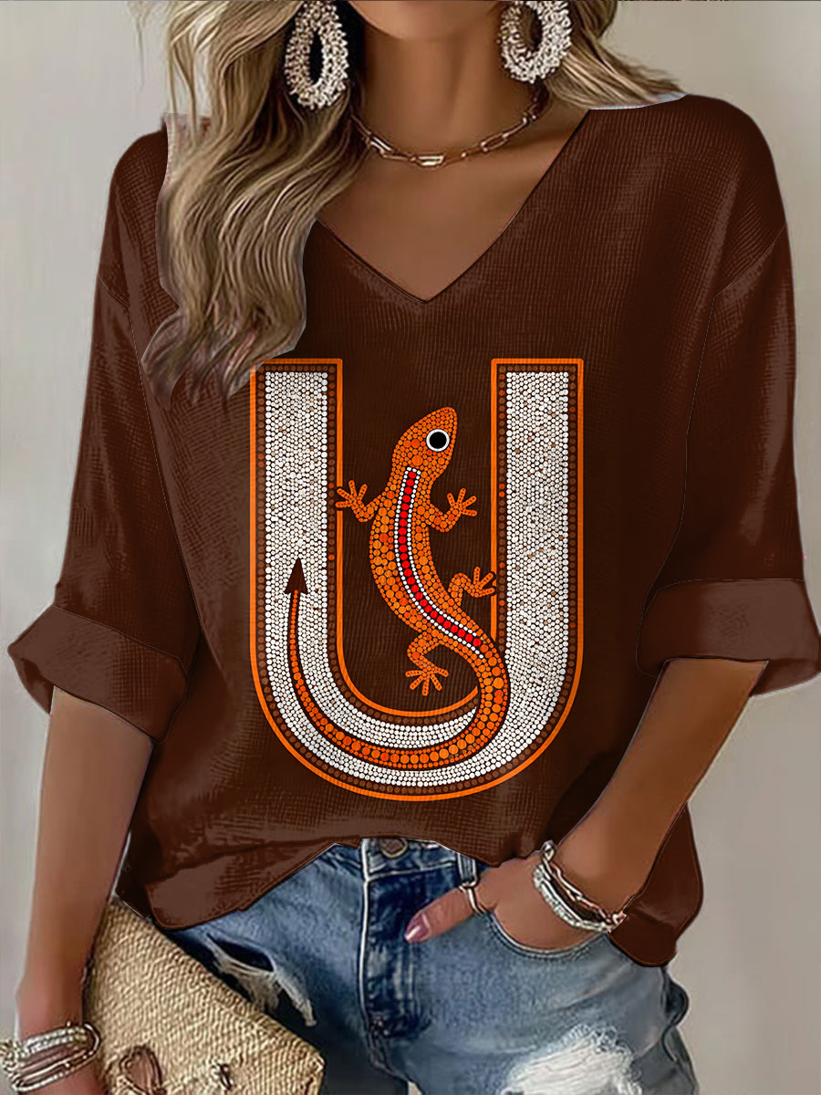 Retro Australian Pointillist Animal Art Print Casual Cotton Waffle Long Sleeve T-Shirt